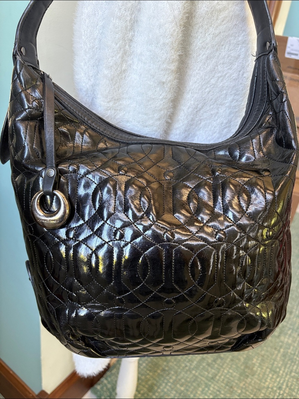Donald Pliner shoulder bag shiny Black quilted Leather /silver tone studs EUC